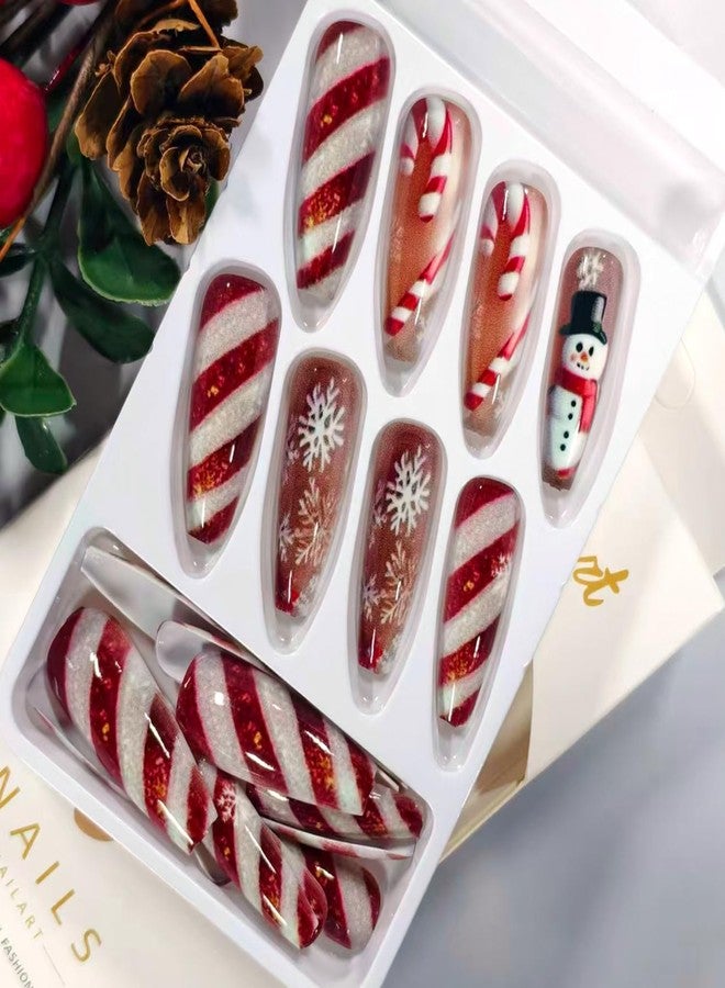 TBRZTR Christmas Snowflke Press on Nails Medium Square Red White Stripes Fake Nail Full Cover Glossy Cute Snowman Design Xmas Stick on Nail Acrylic Artificial Fingernails Winter Glue on Nails for Women - Image 5
